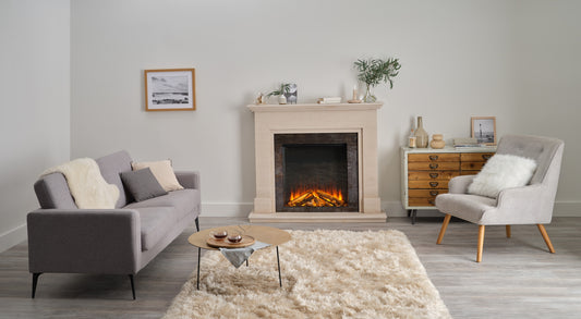 British Fires New Forest 650 SQ slate effect electric fireplace with deluxe roomset, showcasing a modern fireplace design.