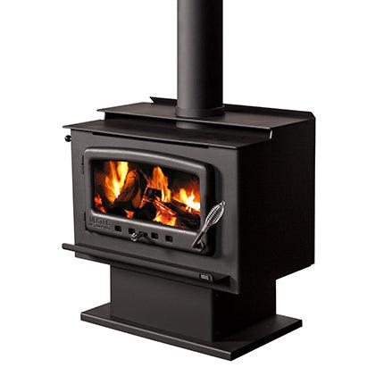 Nectre Mark 2 wood fireplace with pedestal, showcasing a classic design and a sturdy base for heating a living space.