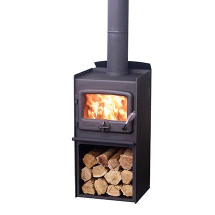 Nectre N15 wood fireplace with a wood stacker, showcasing a modern design and cozy wood storage solution.