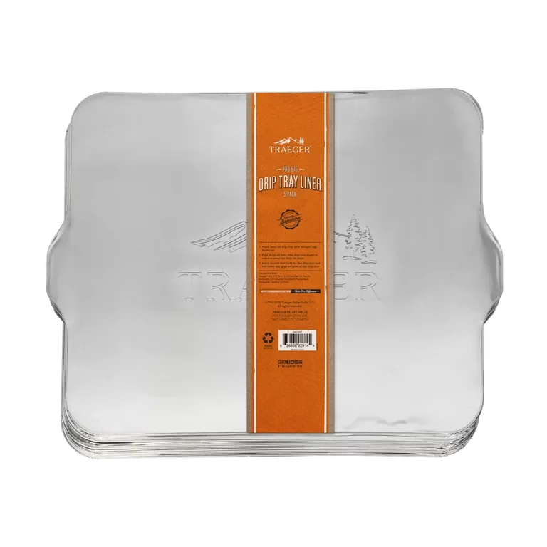 Set of five Traeger drip tray liners for Pro 575 BBQ grills, made by BBQ and Fireplace Centre, designed to catch drippings and simplify cleaning.