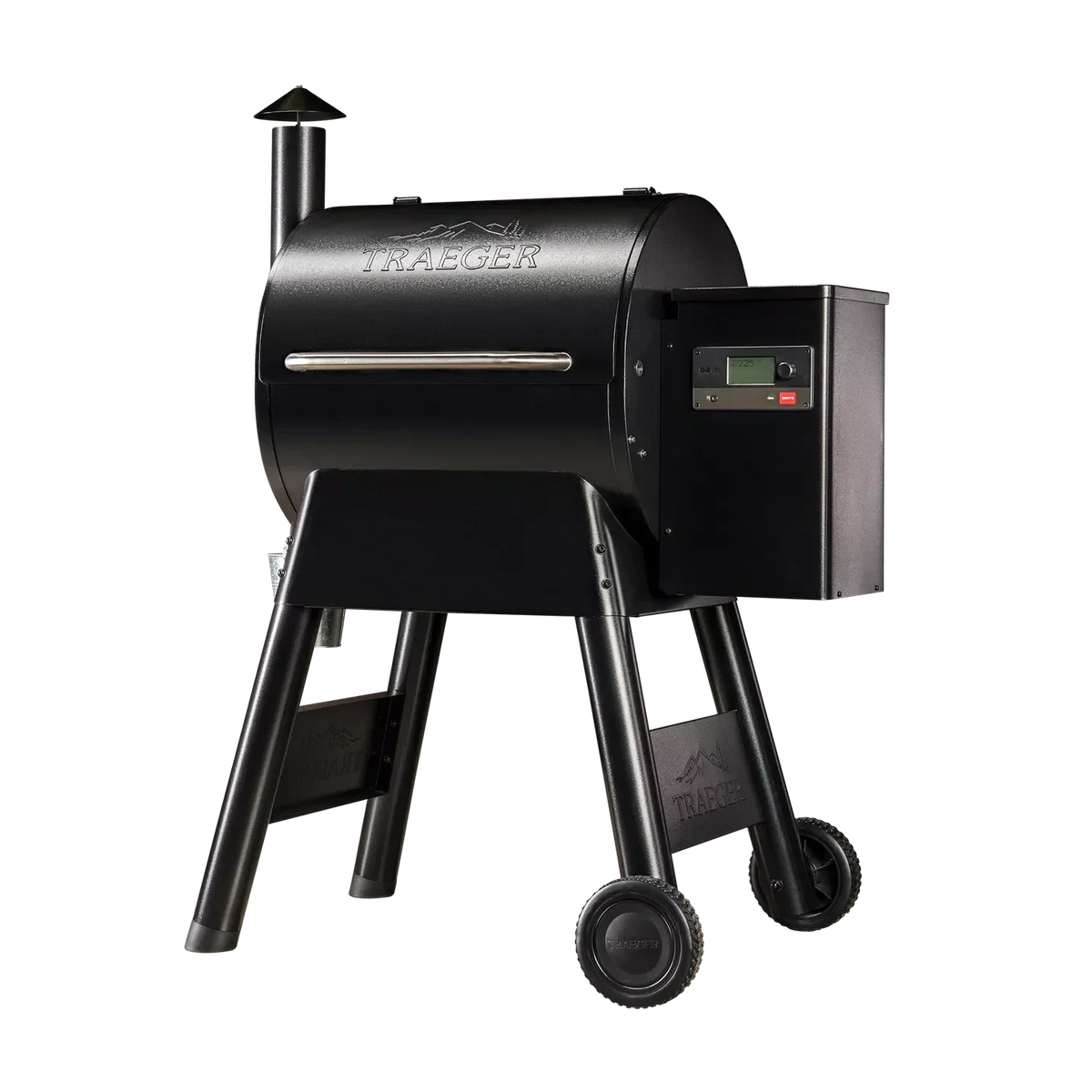 Pellet BBQ grill Traeger PRO 575 in black with angled perspective, showcasing its lid, control panel, and sturdy construction.