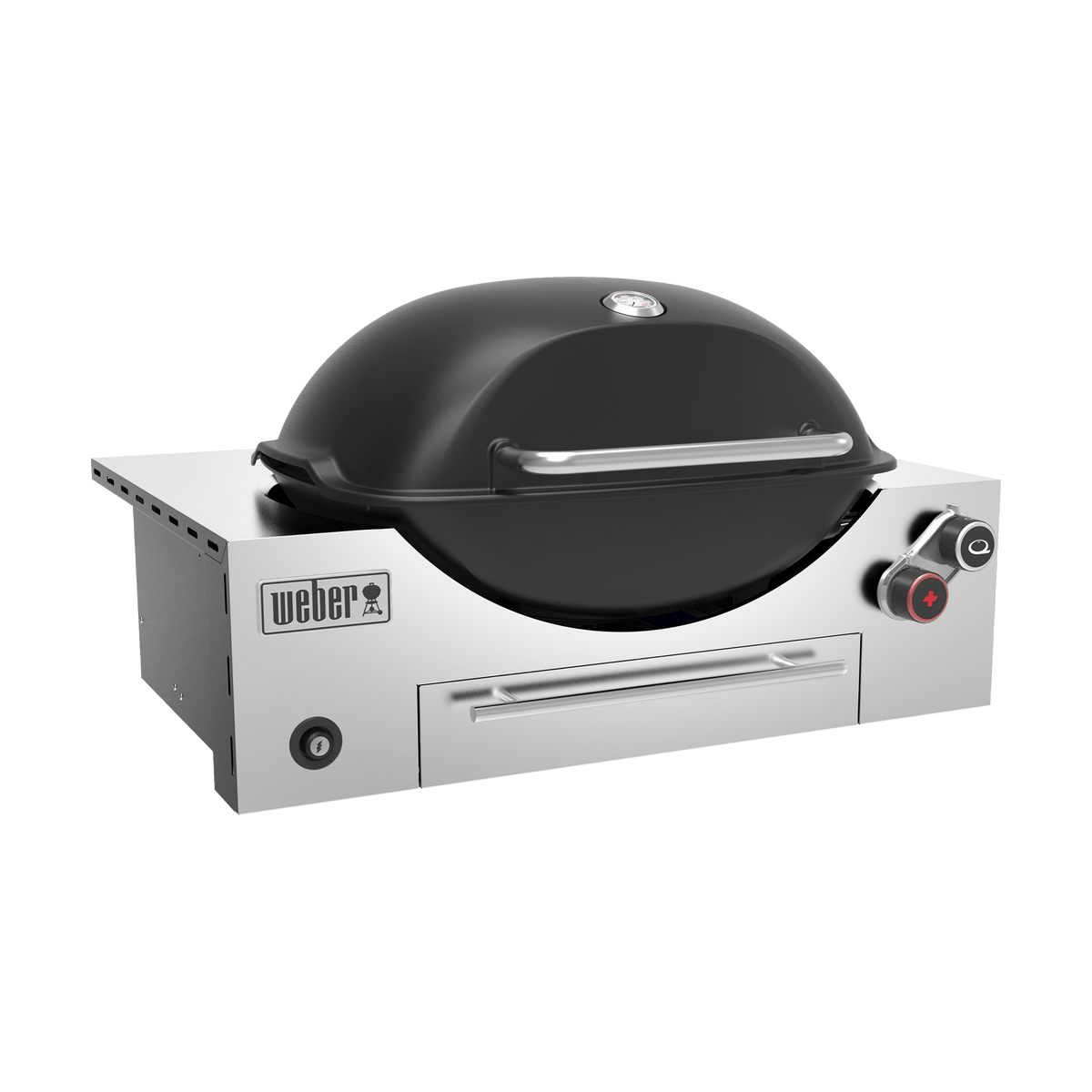 Black Weber Built-in Q+ Premium Q3600N+ gas barbecue grill with stainless steel burners and control knobs.