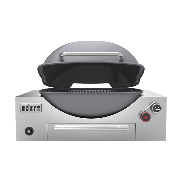 Weber Built-in Q+ Premium gas barbecue grill with smoke feature, black finish, and stainless steel components.