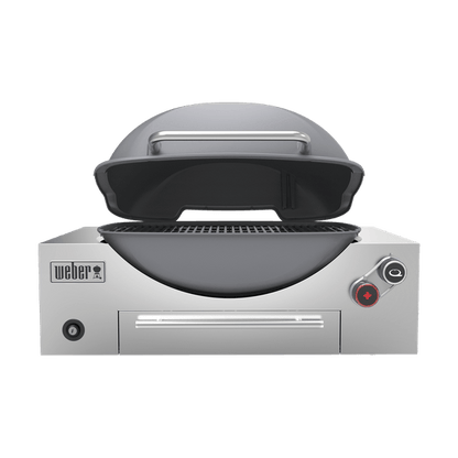 Weber Built-in Q+ Premium gas barbecue grill with smoke feature, black finish, and stainless steel components.