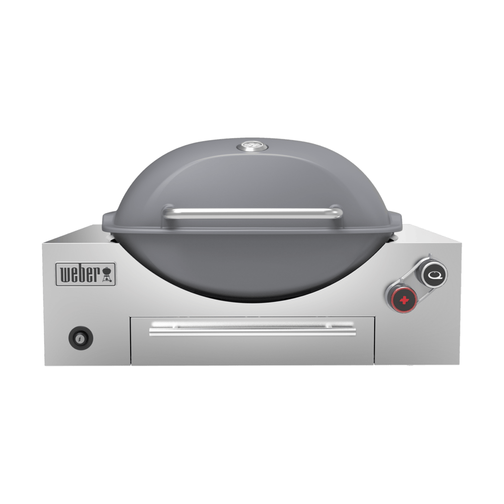 Weber Built-in Q+ Premium LPG gas barbecue grill with smoke flavor features, stainless steel construction, and multiple cooking zones.