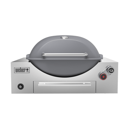 Weber Built-in Q+ Premium LPG gas barbecue grill with smoke flavor features, stainless steel construction, and multiple cooking zones.