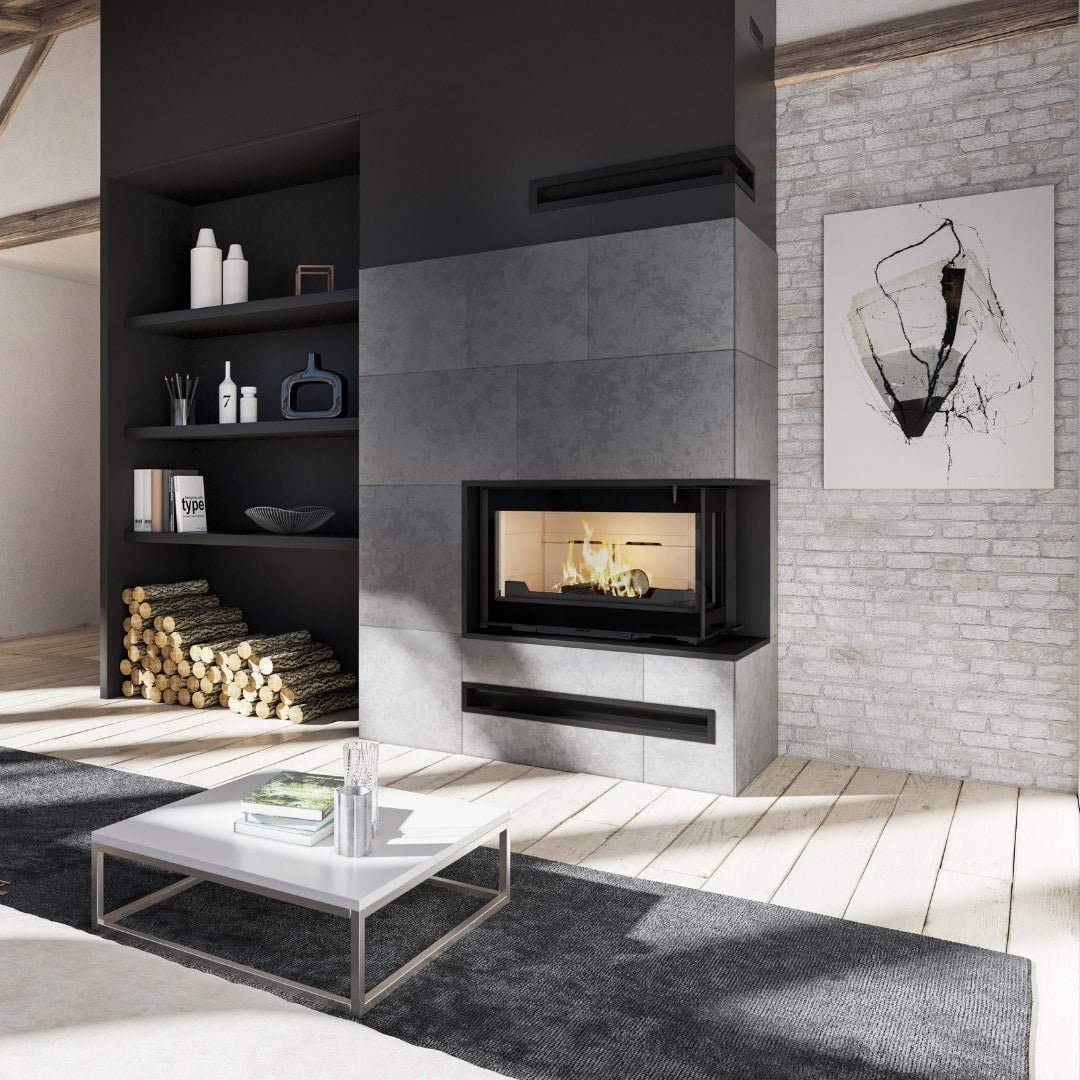 Seguin Visio 8 Plus right glass panel for wood fireplace in black line brick finish, designed for Seguin Visio 8 Plus model.