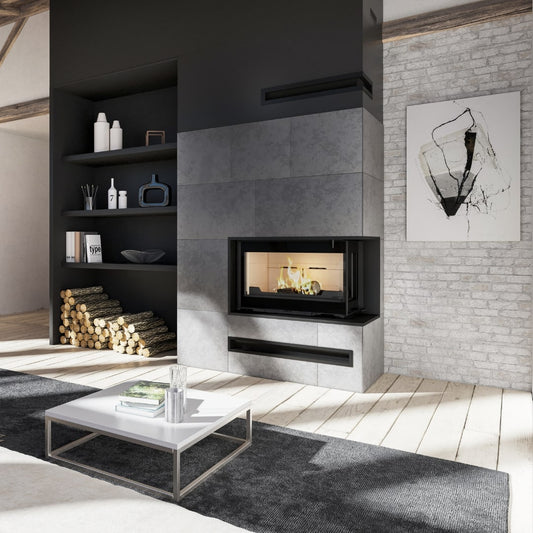 Seguin Visio 8 Plus right glass panel for wood fireplace with black line brick design, featuring lift mechanism and modern style.