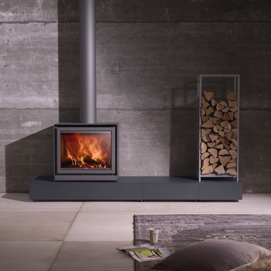 Charcoal base of STUV 16-58 Cube wood fireplace with modern design and clean lines.