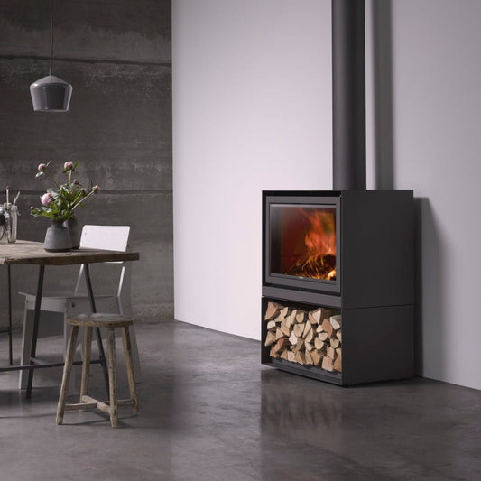 Freestanding STUV 16-58 Cube Wood Fireplace with sleek black exterior and glass front for modern home heating.
