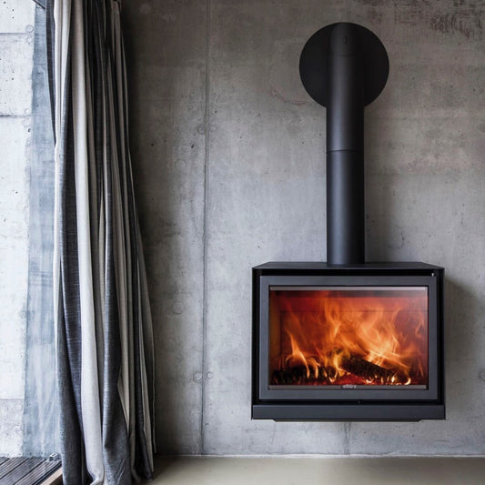Wall-mounted STUV 16-78 Cube Fireplace with a sleek wood-burning design and modern black finish.