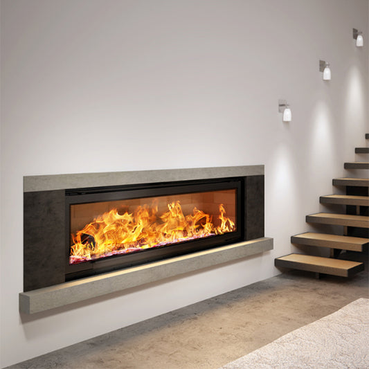 Axis H1600 XXL single-sided panoramic wood fireplace with lift & swing firebox, showcasing a modern, spacious design with glass front.