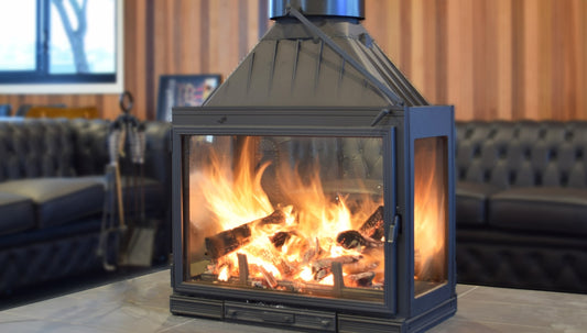 Seguin MultiVision 8000 4-sided wood fireplace showing modern design with glass panels and interior fire chamber.