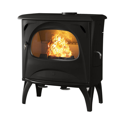 Seguin Aurore black freestanding wood stove with glass door and metal frame, designed for efficient home heating and cozy ambiance.