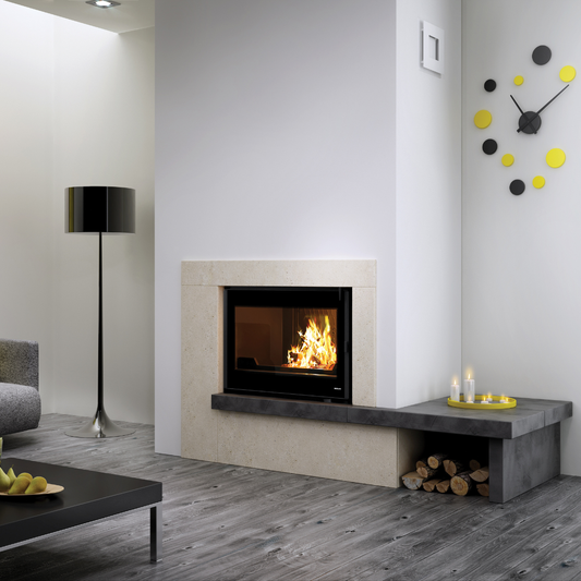 Seguin Europa 7 cast iron wood fireplace with black line glass, showcasing a sleek inbuilt design and modern aesthetic.