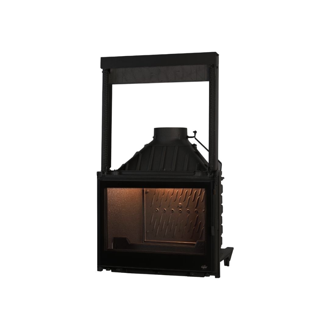 Seguin Europa 7 cast iron wood fireplace with lift door, black finish and glass panel for a classic, functional heating solution.