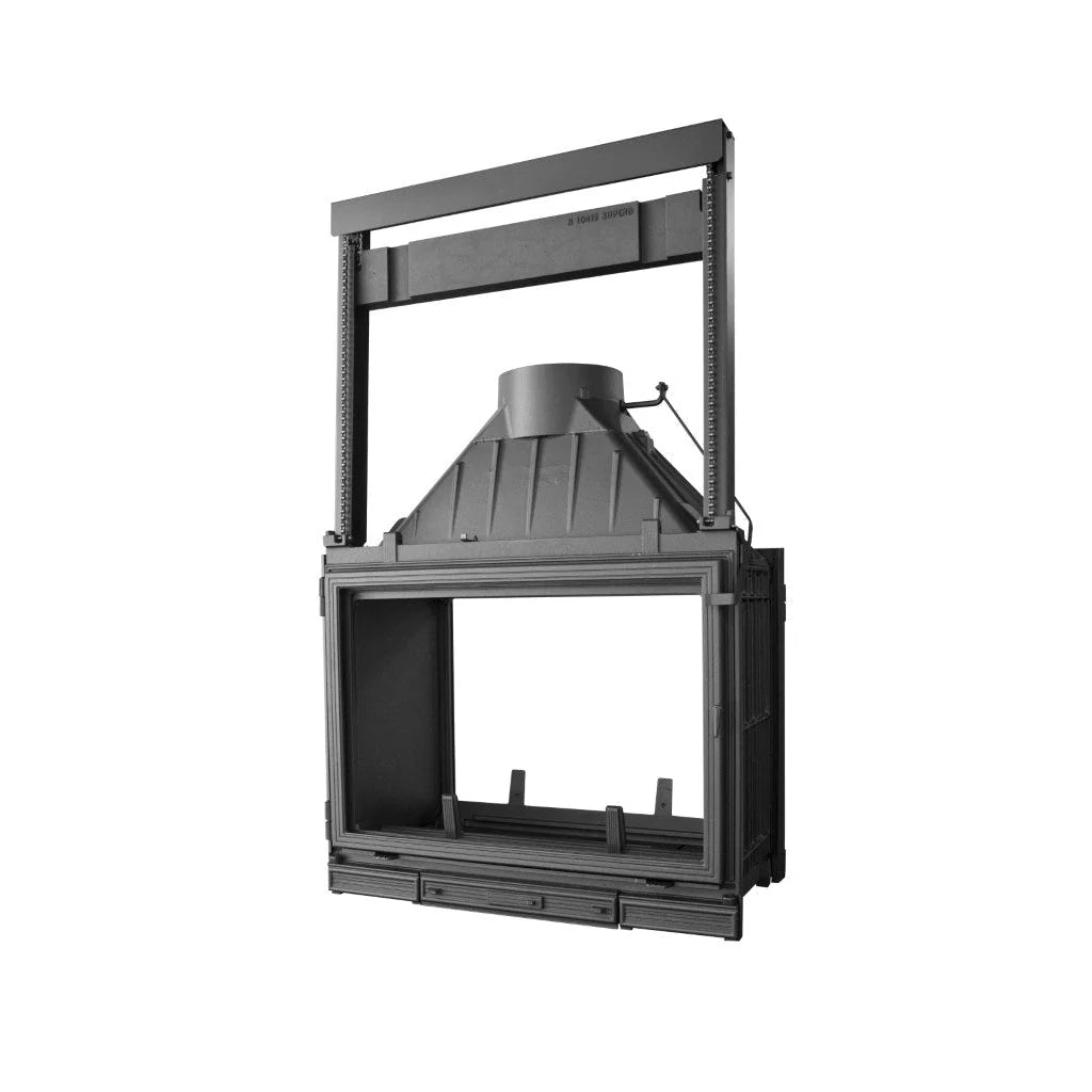 Seguin MultiVision 8000 double-sided wood fireplace with lift-operated swing doors and glass firebox for modern heating.