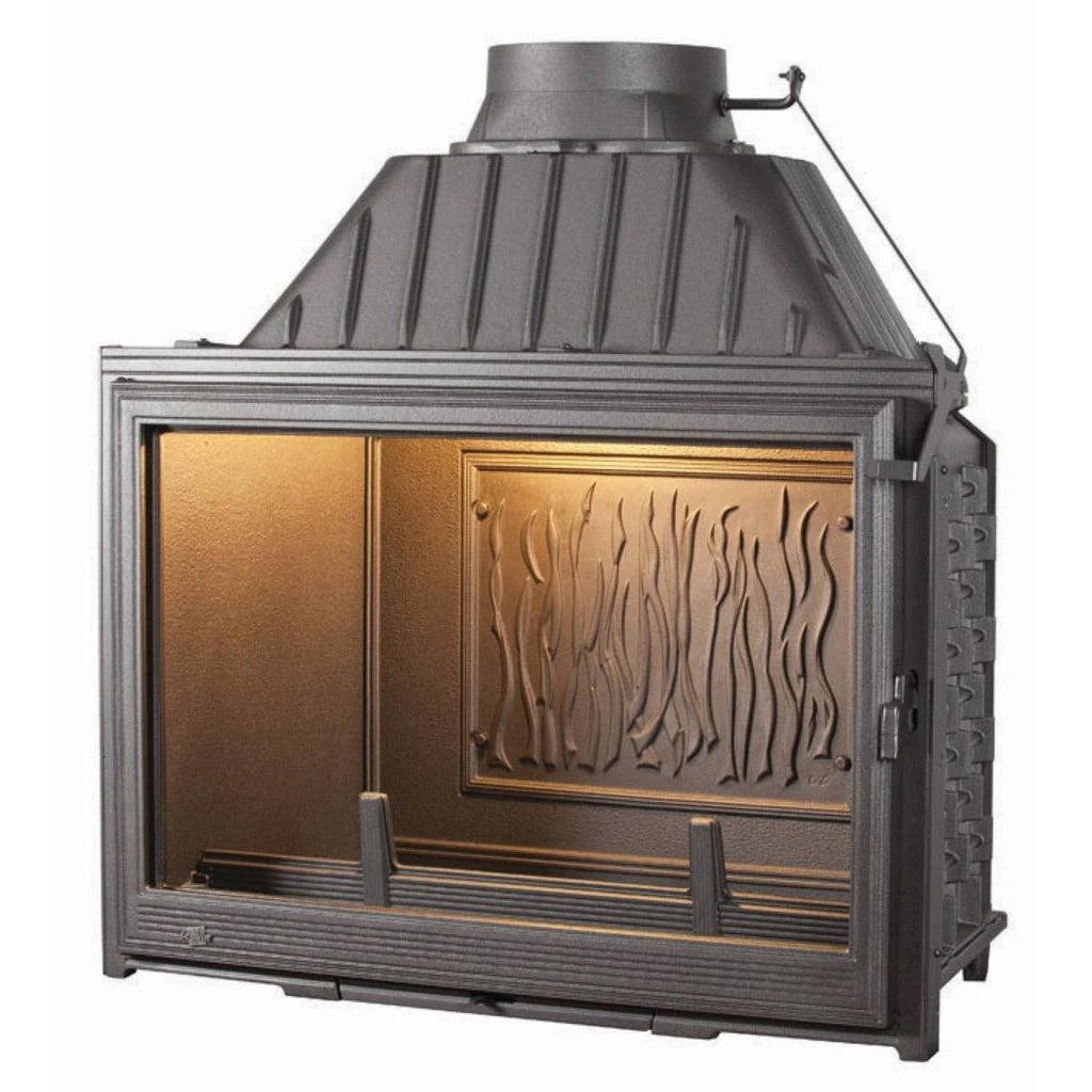 Seguin Super 9 cast iron wood fireplace with swing door, showcasing its sturdy construction and traditional design.