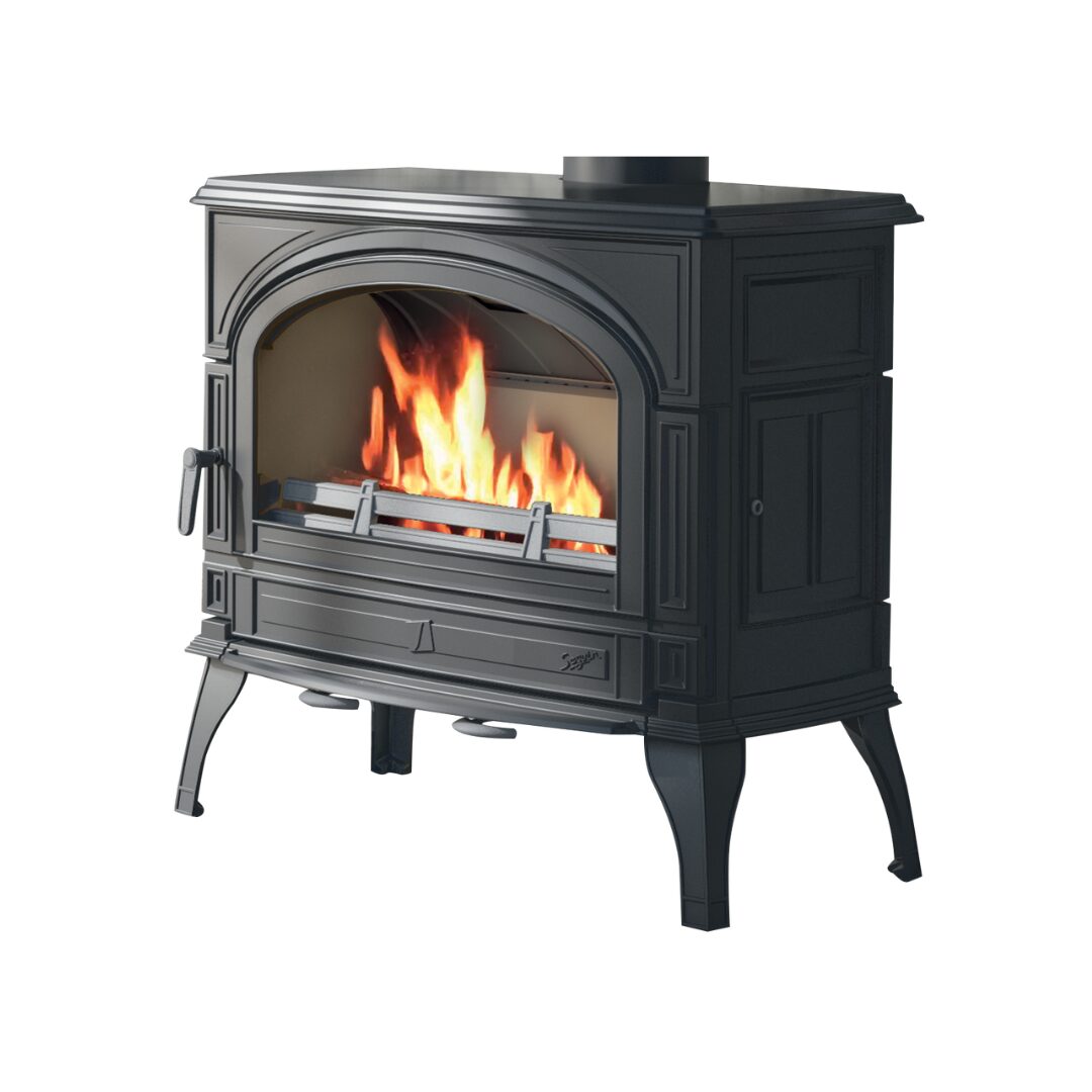 Seguin Topaze grey freestanding wood stove with glass door and metal body, designed for efficient fireplace heating.