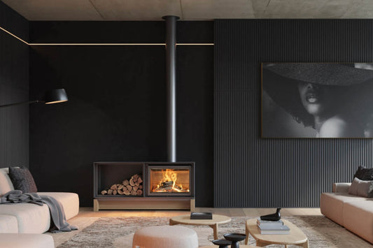 Stuv 16-D4 wood fireplace showing a sleek black cast iron design with glass door and modern aesthetic.
