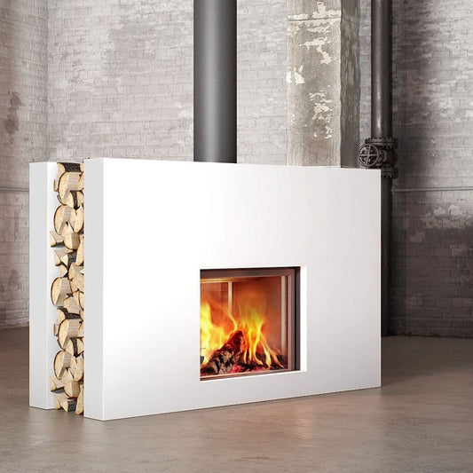 White STUV 21-95DF wood fireplace with glass door and modern design, showcasing its sleek, contemporary style.