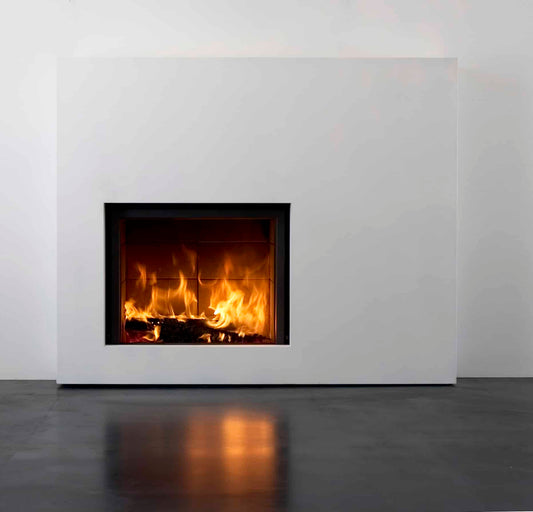Stuv 21-95 wood fireplace with modern design, featuring a large glass front and sleek black exterior.