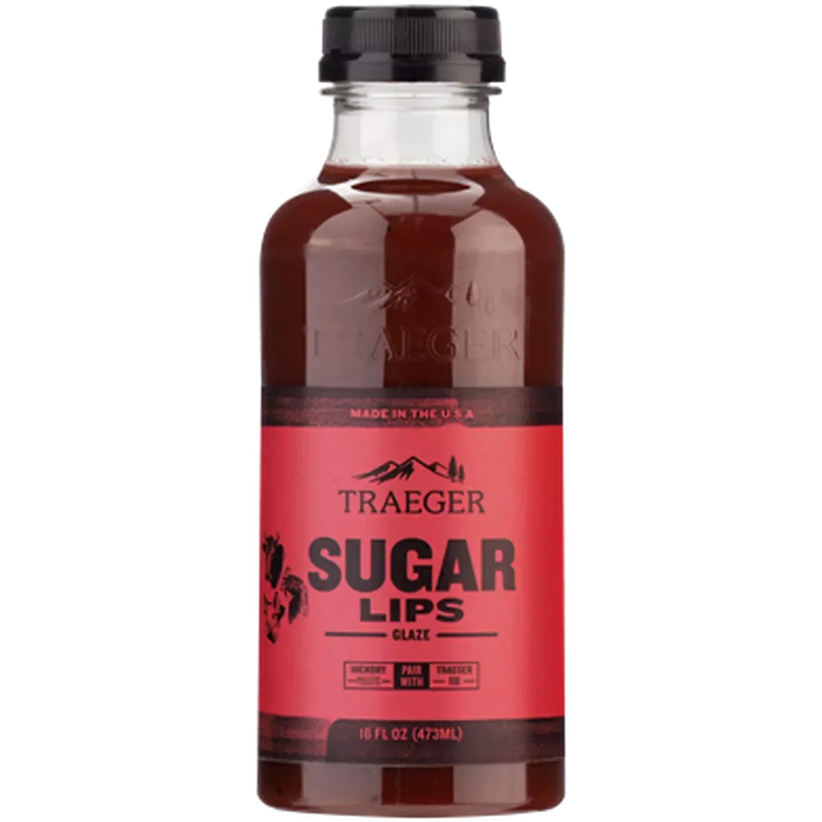 Traeger Sugar Lips Glaze BBQ sauce in 473 ml bottle, showcasing the flavorful rub and seasoning for grilling and smoking.
