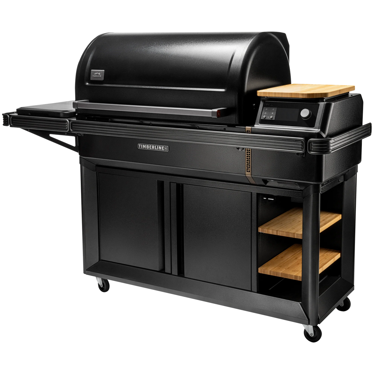 Pellet BBQ grill from Traeger Timberline XL series with stainless steel exterior and digital control panel.