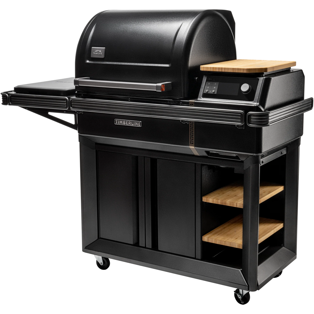 Pellet BBQ grill from Traeger Timberline series with stainless steel finish and digital control panel.