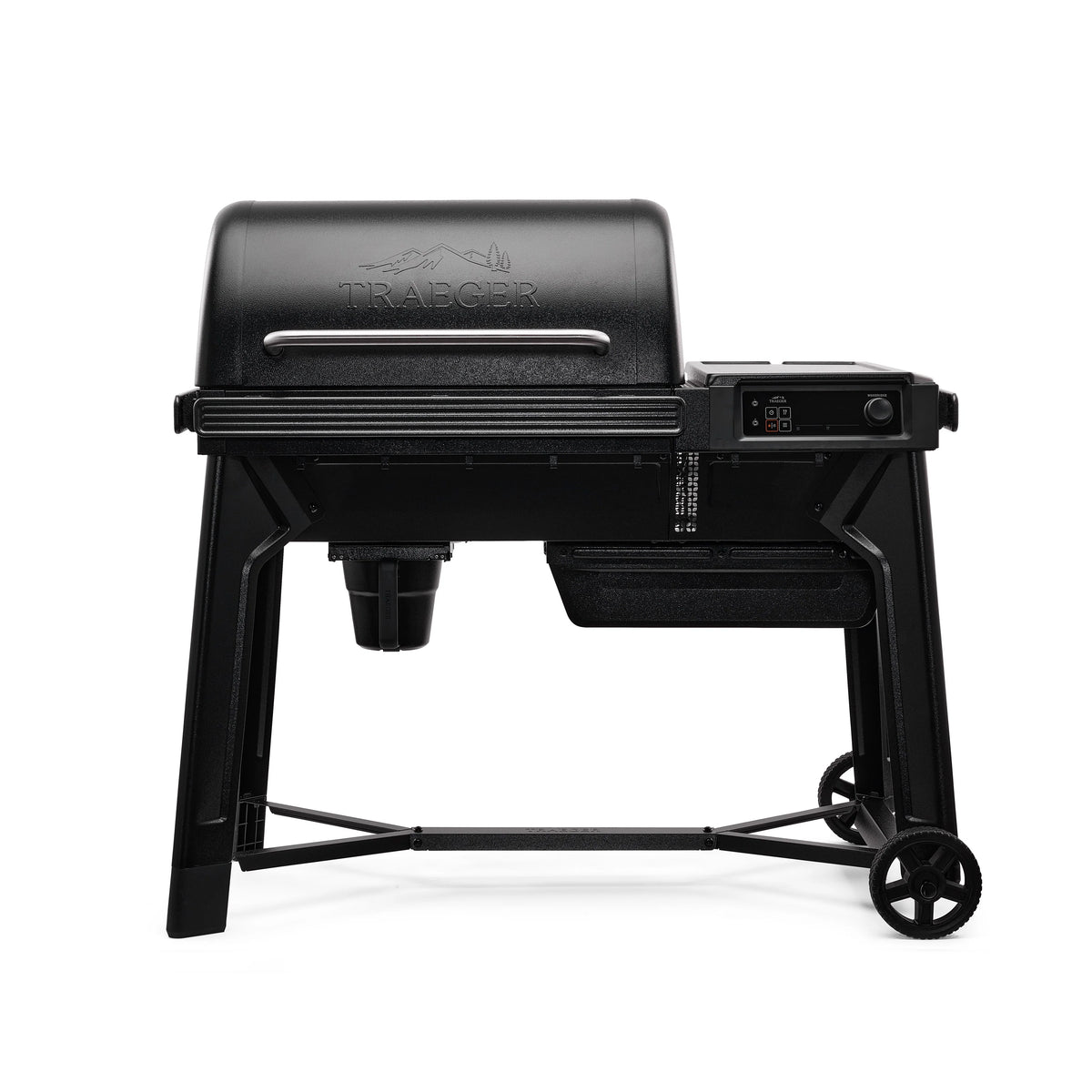 Pellet BBQ grill from Traeger Woodridge series, front view showing black exterior and control panel, outdoor cooking appliance