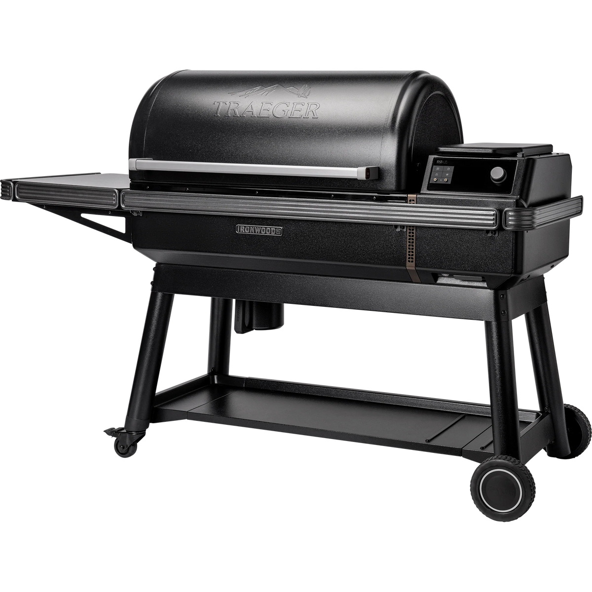 Pellet BBQ grill from Traeger Ironwood XL series with closed lid, showing the black stainless steel exterior and control panel.