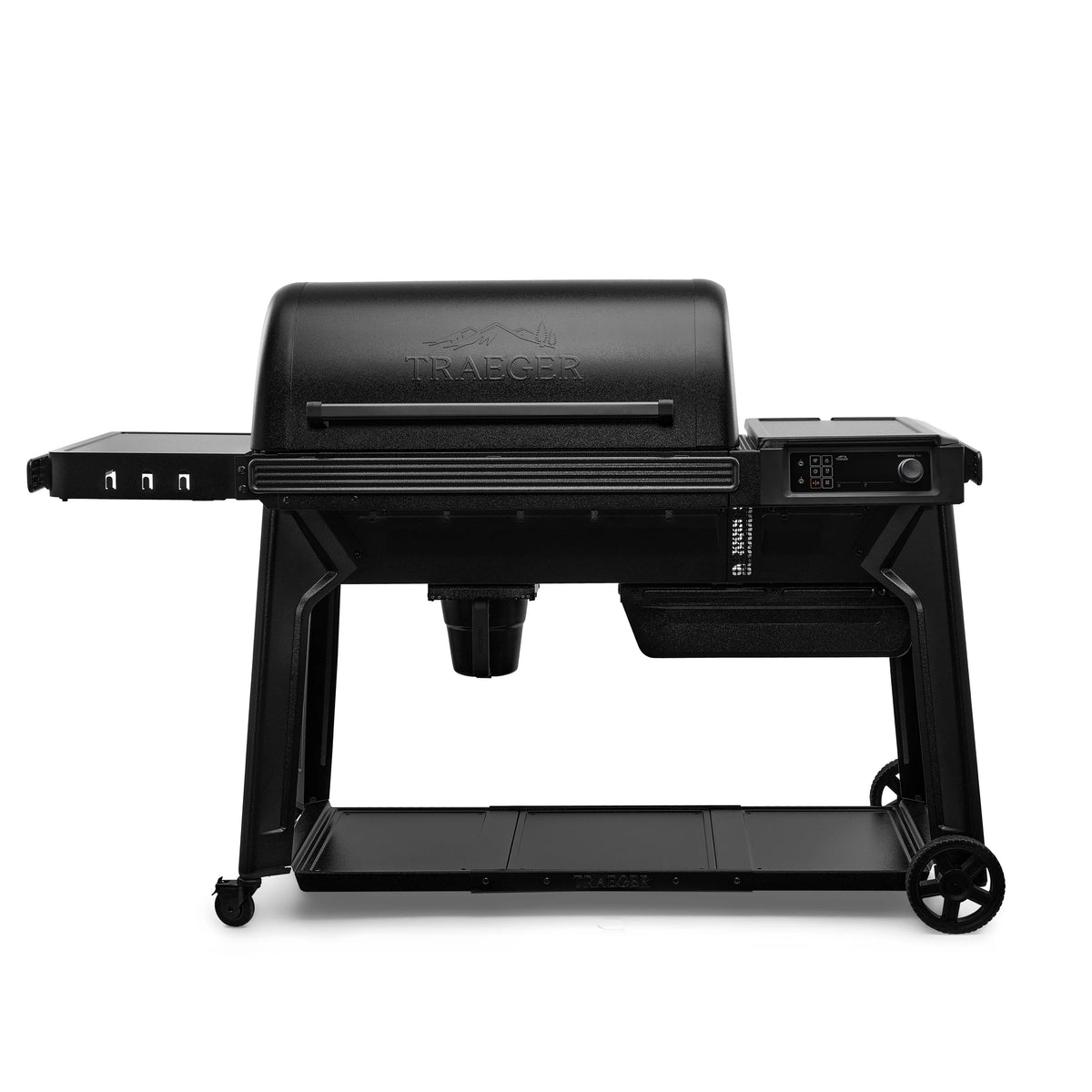 Pellet BBQ grill from Traeger Woodridge Pro series with front view, showcasing its sturdy design and control panel.