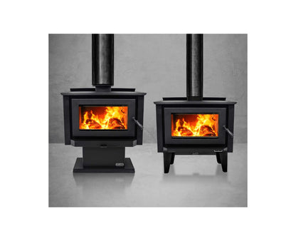 Kemlan Tempo LE #3 Version 2 wood fireplace with 6-inch legs, showcasing sleek design and metal construction.