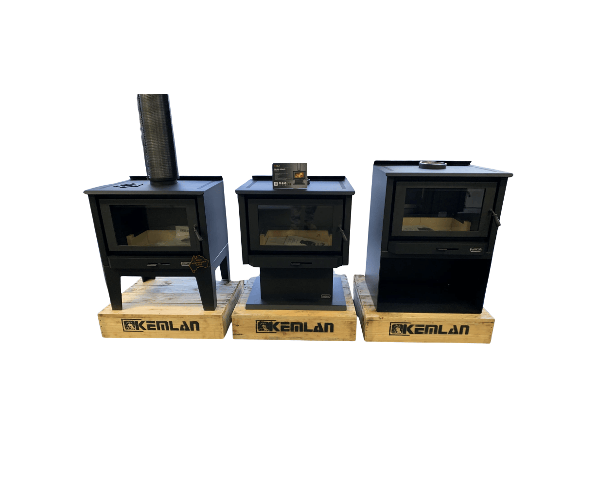 Kemlan Tempo Grand wood fireplace with sleek black finish and modern design, showcasing its spacious firebox and clean lines.