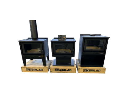 Kemlan Tempo Grand wood fireplace with sleek black finish and modern design, showcasing its spacious firebox and clean lines.