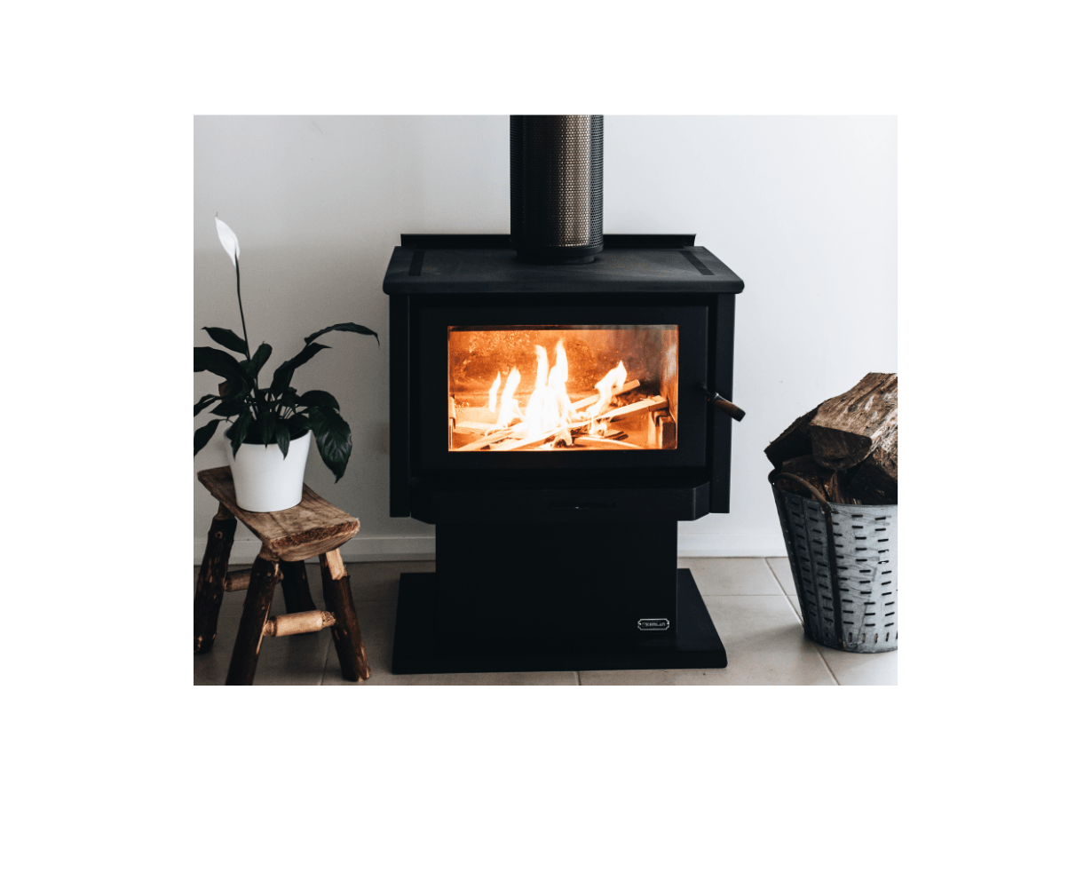 Kemlan Tempo Grand wood fireplace pedestal with sleek design and sturdy base, suitable for modern interior heating.