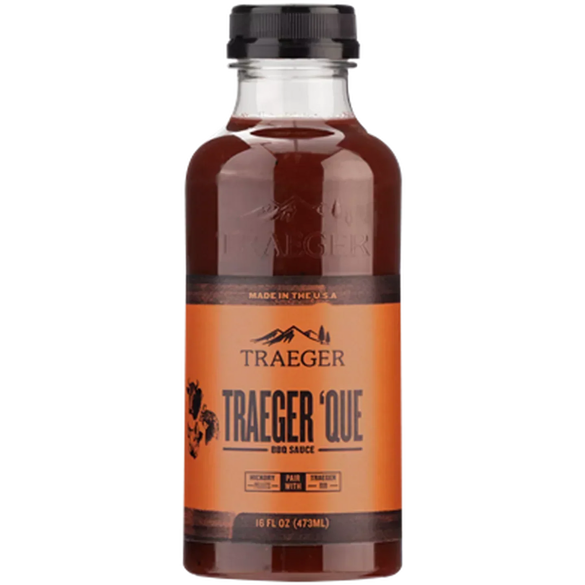 Traeger 'Que BBQ sauce in 473ml bottle, a flavorful rub and seasoning for grilling and smoking meats.