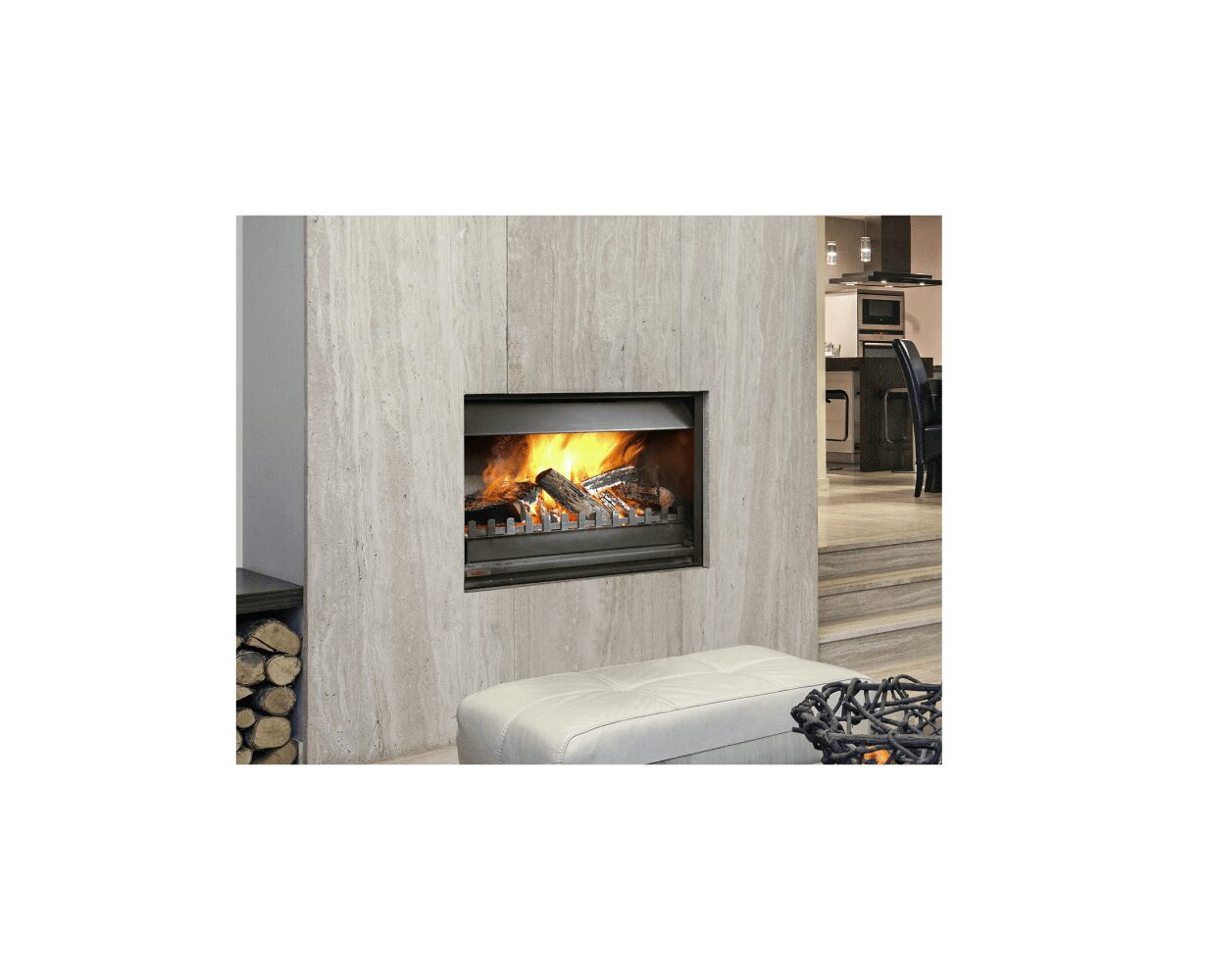 Jetmaster 850 wood fireplace insert with instructions, showing a sleek black metal design and open front for wood burning.