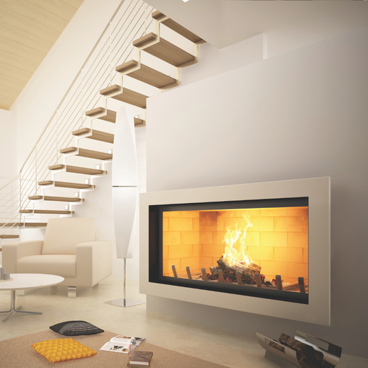 Axis H1400 single-sided panoramic wood fireplace with lift and swing glass panel, showcasing modern fireplace design and glass door details.
