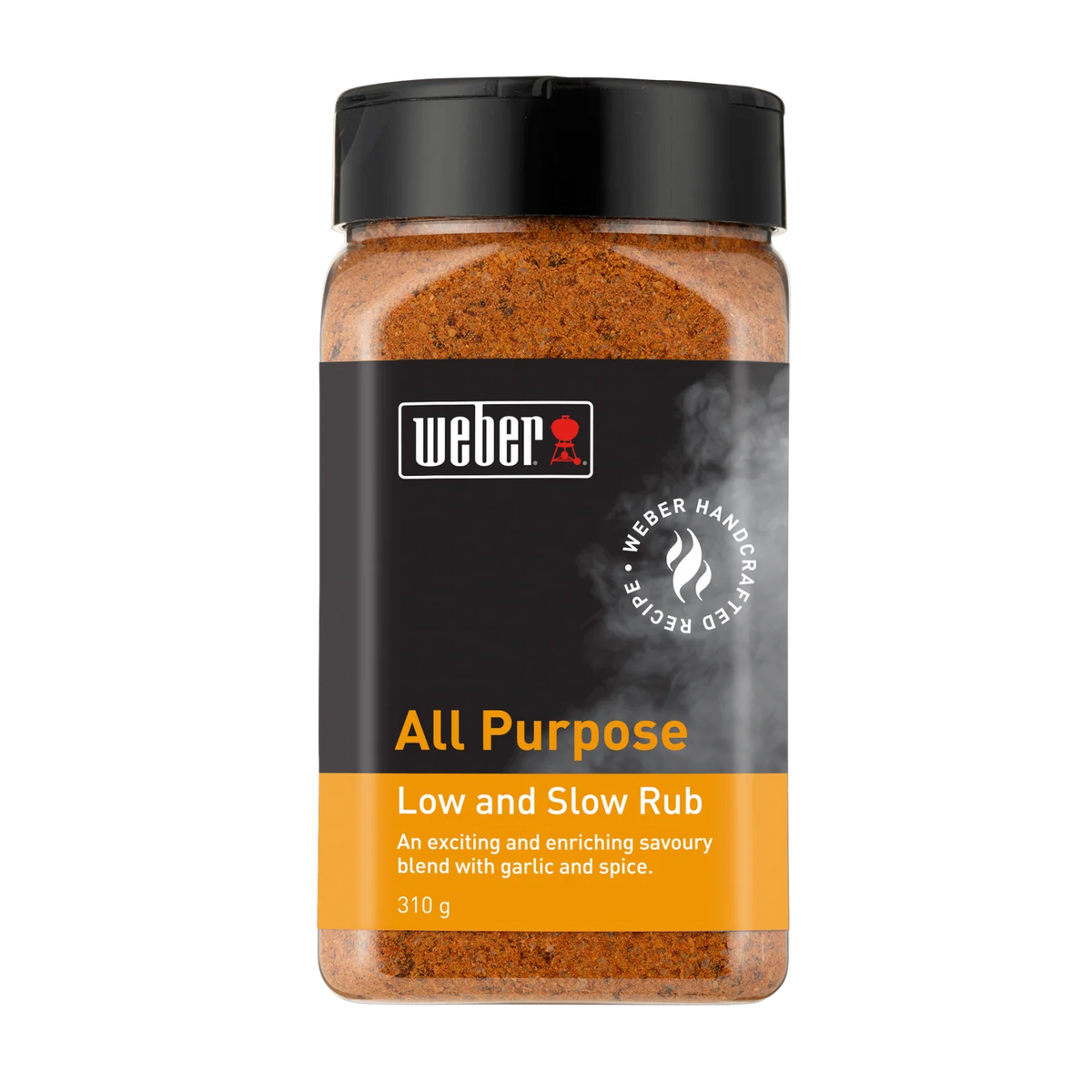 Weber All Purpose Rub in a jar, perfect for grilling and seasoning meats, with a blend of spices for flavorful barbecue.