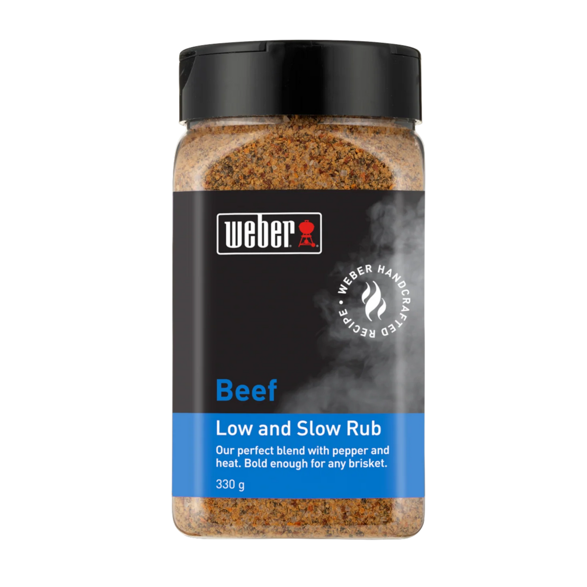 Weber Beef Rub jar with seasoning blend for grilling and barbecuing, featuring a close-up of the spice container.