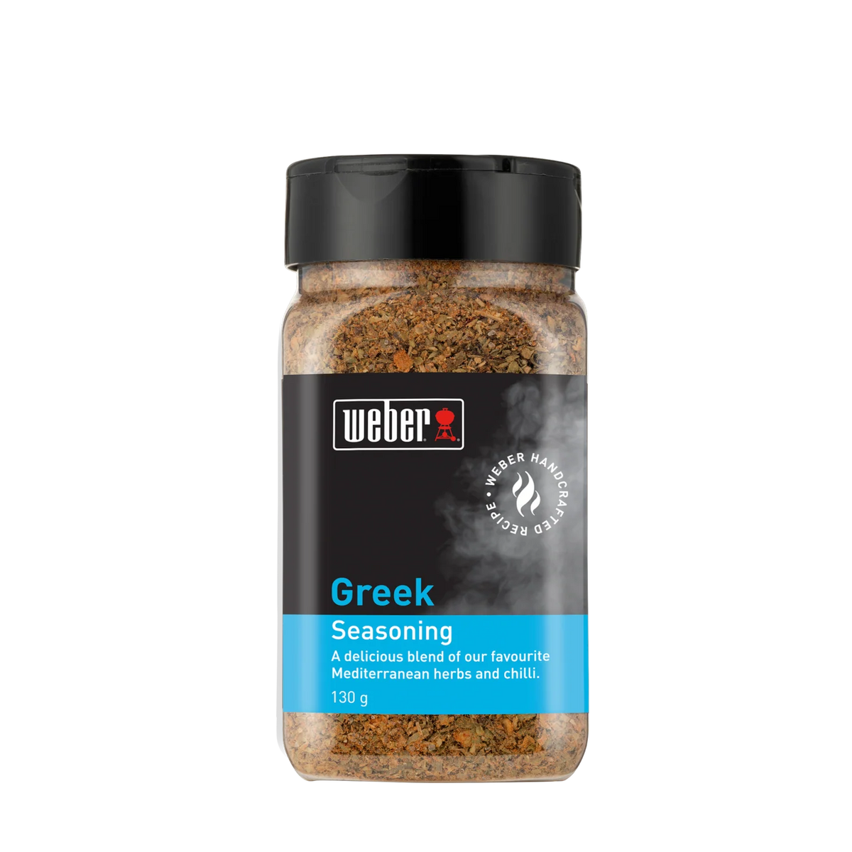 Jar of Weber Greek Seasoning rub with herbs and spices, ideal for grilling and flavorful Mediterranean dishes.