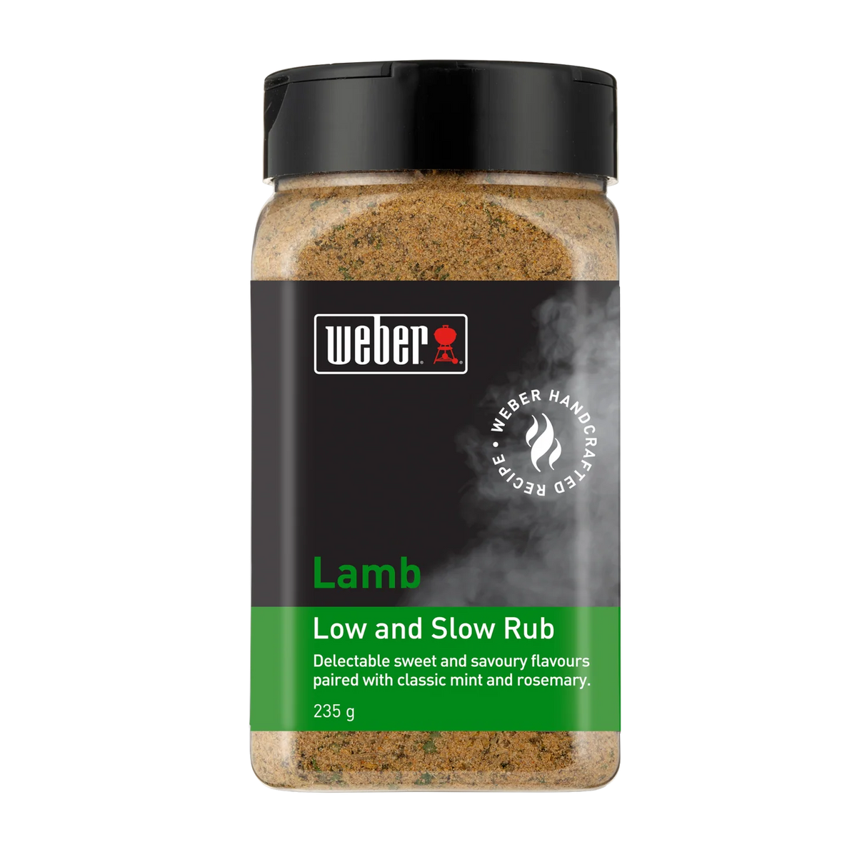 Weber Lamb Rub seasoning jar with a label, showcasing a blend of herbs and spices for lamb grilling and slow cooking.