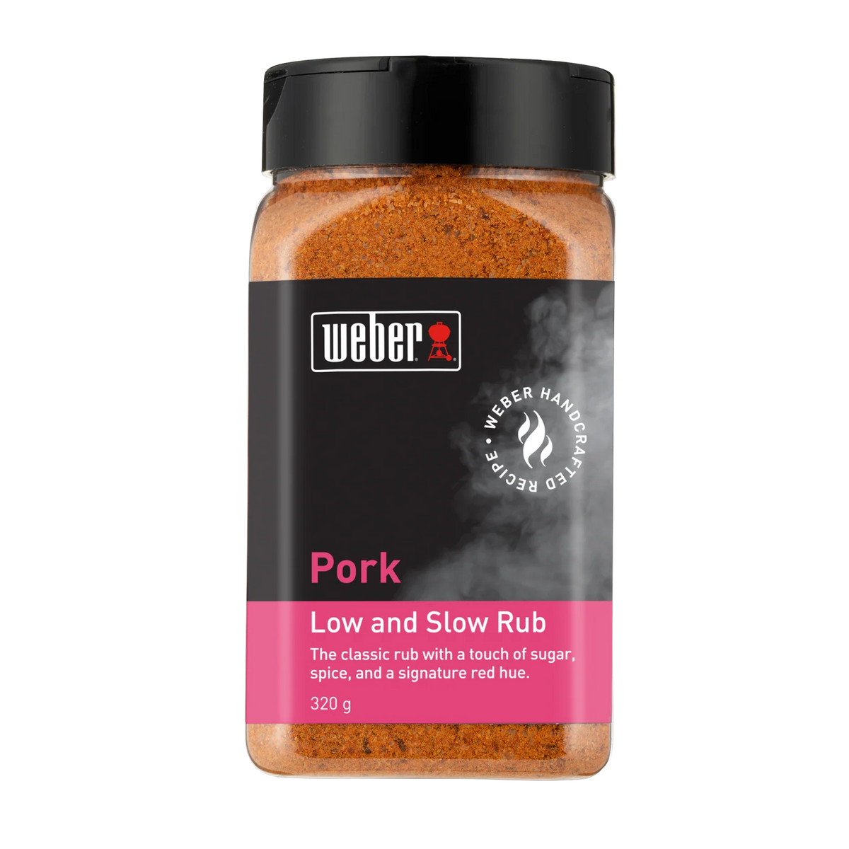 Weber Pork Rub seasoning in a jar, ideal for slow-cooked pork, with a blend of spices and herbs for flavorful barbecue.