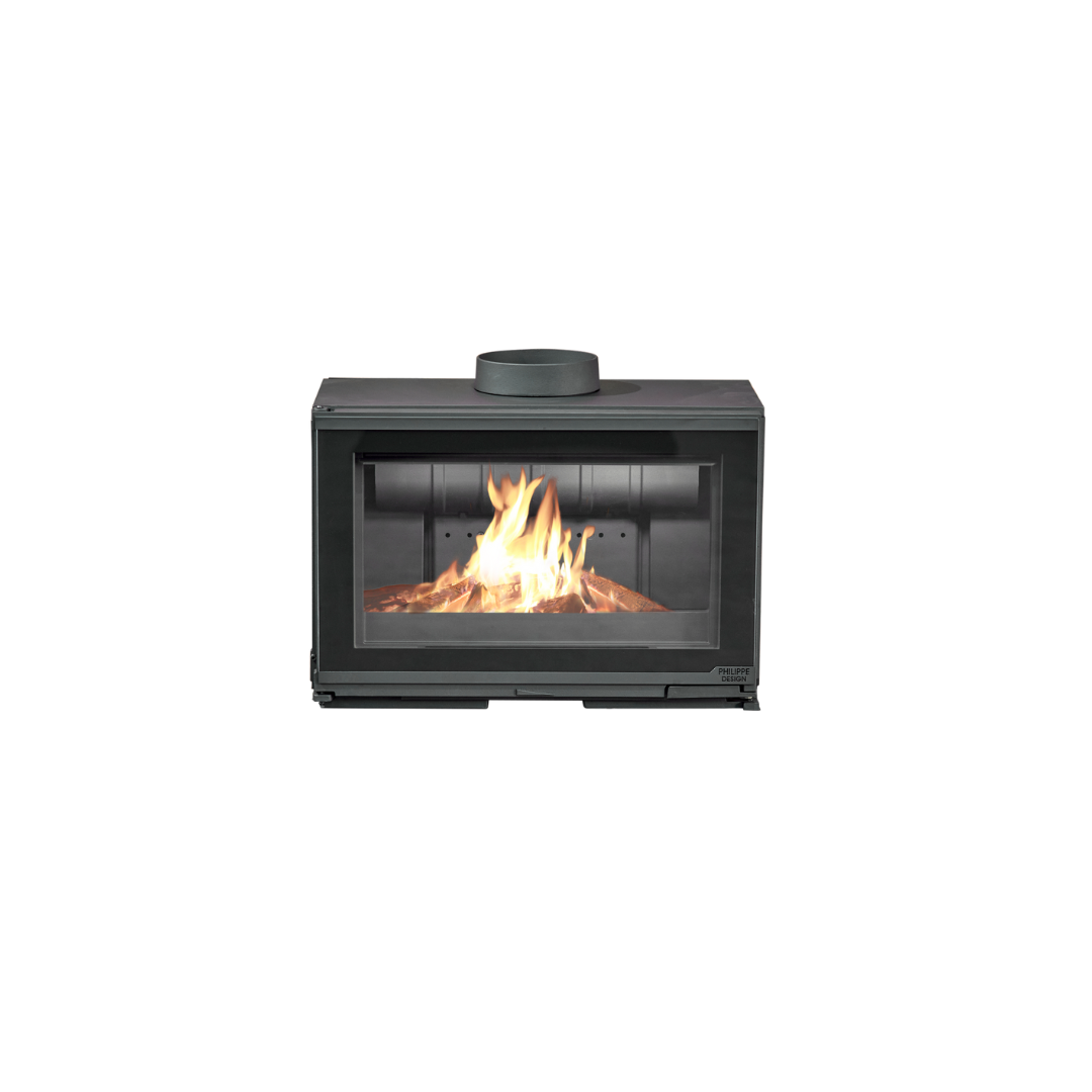 Cast iron Cheminees Philippe CLAIR-VITRE wood fireplace with black lined glass swing door, suitable for heating up to 150 sqm.