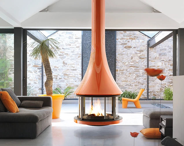 Bordelet Zelia 908 central hanging wood fireplace with custom orange finish, modern design and sleek shape.