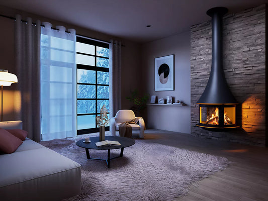 Bordelet Zelia 908 wall-mounted wood fireplace with sleek grey brick design and modern aesthetic.