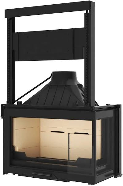 Seguin Visio 8 Plus right glass for wood fireplace, black line brick design, with lift mechanism, showcasing clear glass panel.
