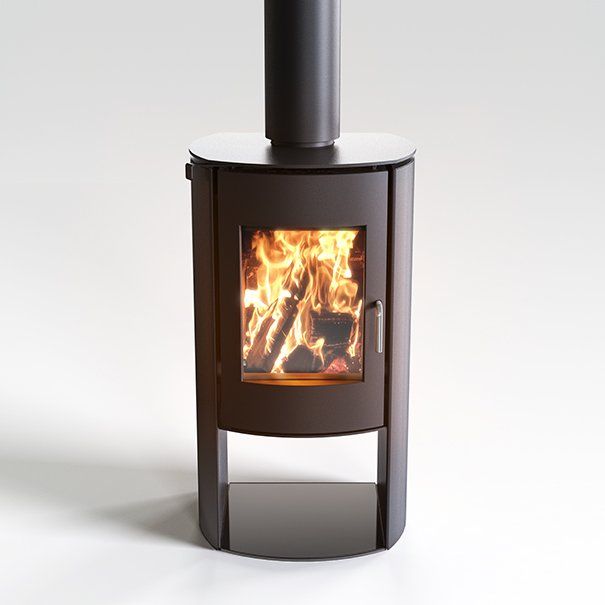Nectre N60 wood fireplace with curved sides, featuring a modern design and a glass front for viewing the fire.