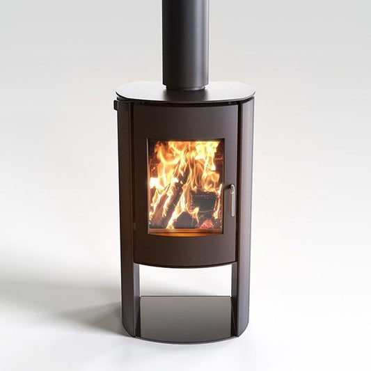 Nectre N60 wood fireplace with curved sides, featuring a modern design and a glass front for viewing the fire.